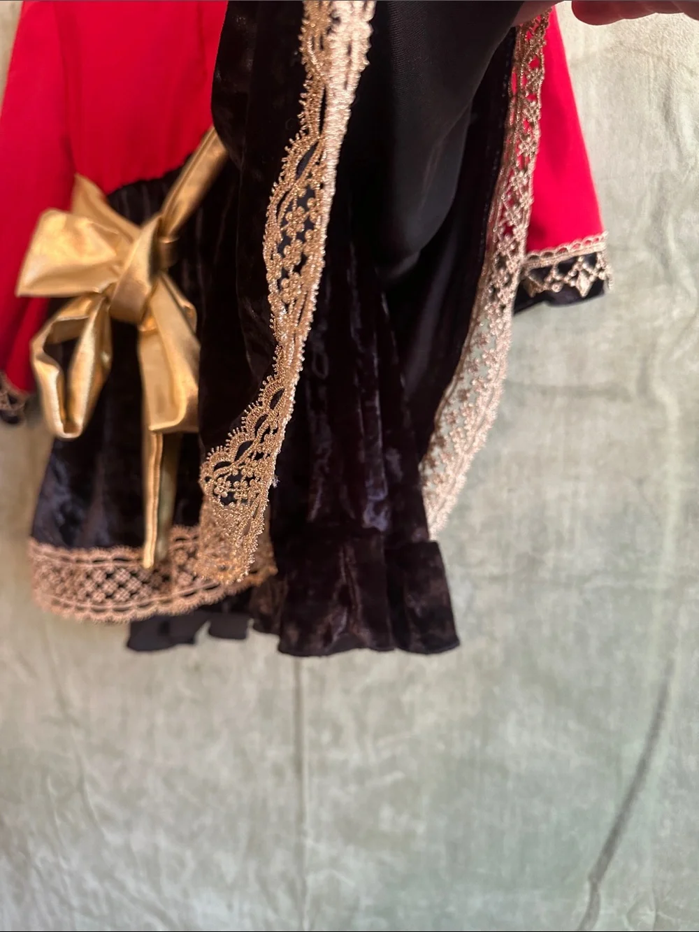 #951 Girls' Red and Black Velvet Holiday Costume Dress with Gold Trim handmade